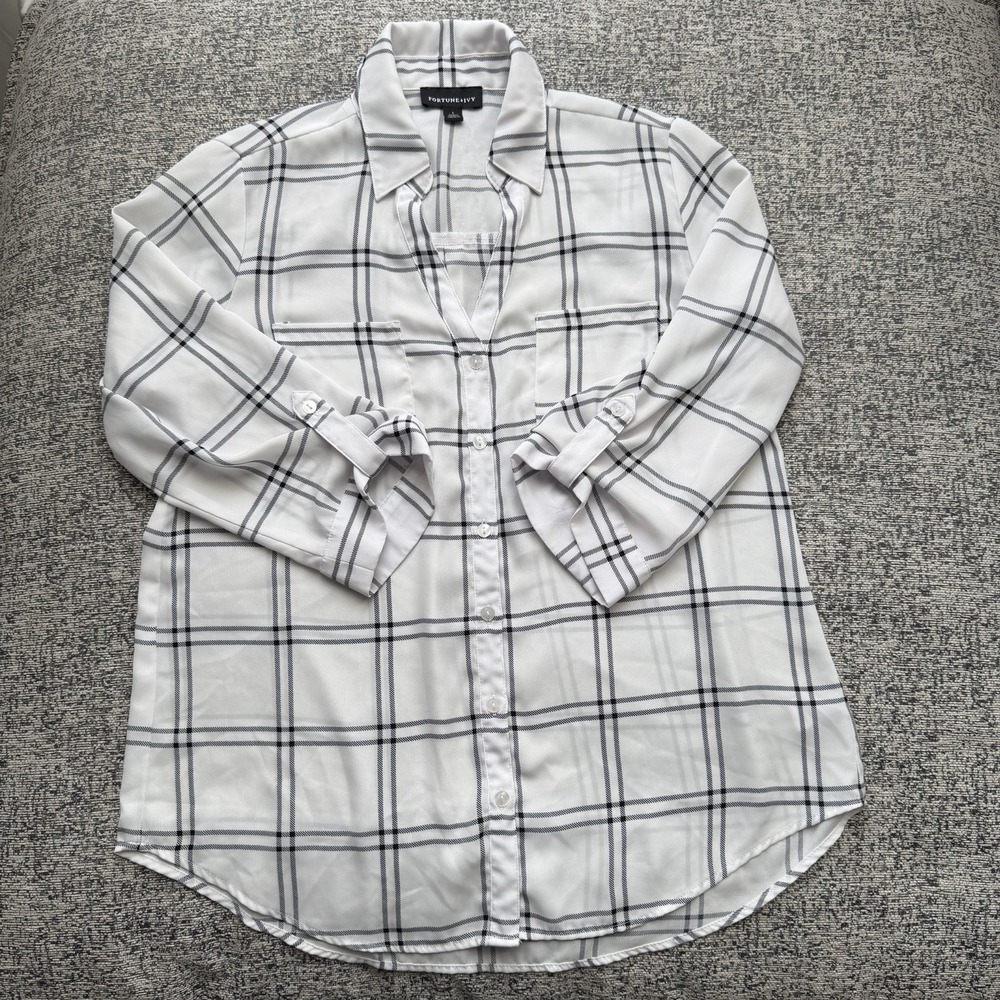Fortune + Ivy Top White Plaid Women's Size L